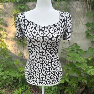 Y2K Express Leopard Print Puff Sleeve‎ Top XS Fitted Tight Mob Wife Animal Print